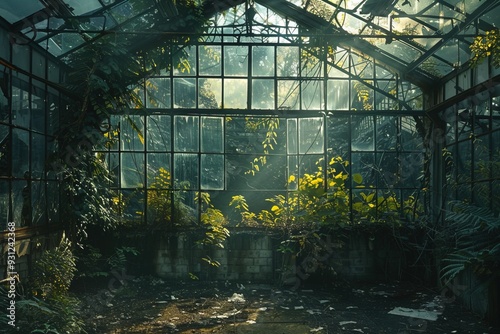 An overgrown greenhouse with a brick wall, sunlight streaming through the broken glass panes, and lush greenery.
