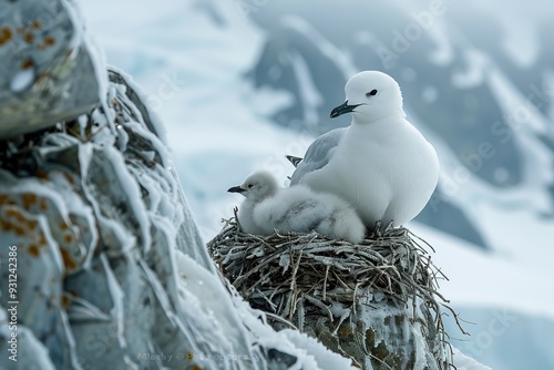 A snowy landscape with a parent snow petrel and chick in a nest. photo