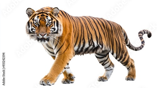 A majestic Bengal tiger with its stripes and fur in detail, walking towards the camera, isolated on a white background.