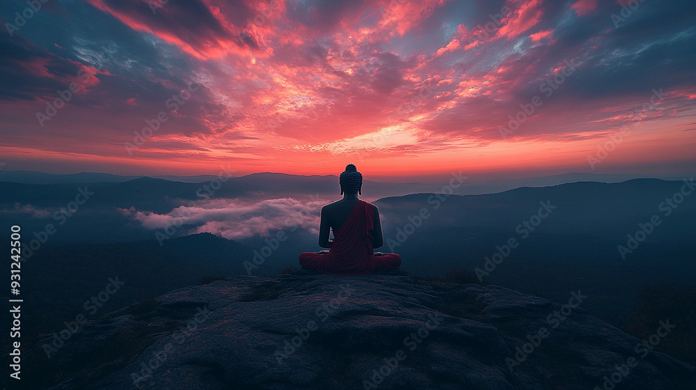 A person sits in meditation on a rocky ledge, surrounded by mountains and colorful clouds as the sun sets in the background