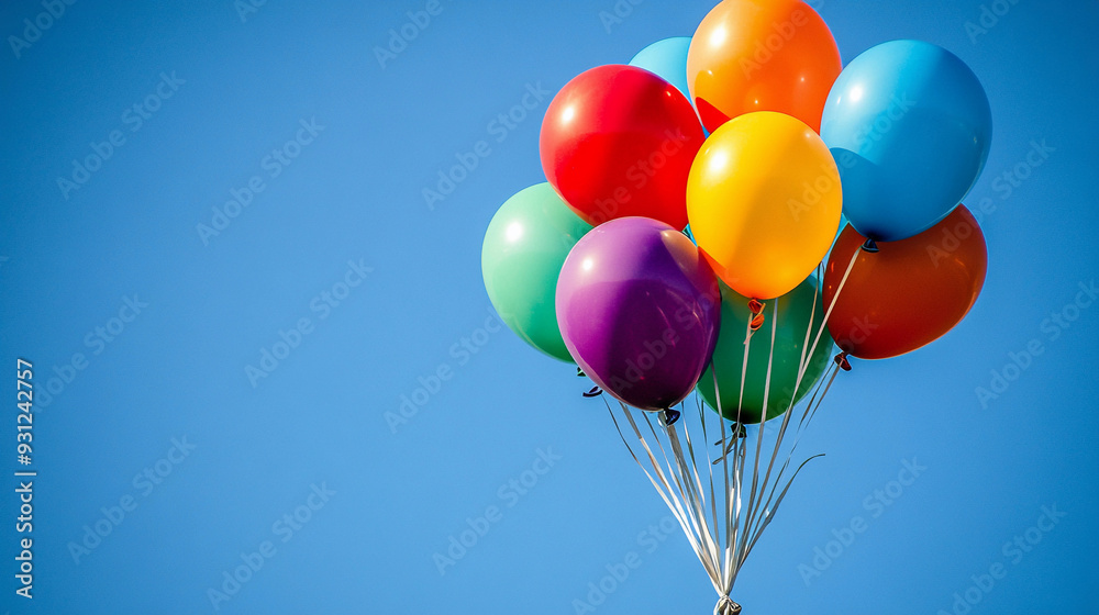 A cluster of vibrant balloons ascends into the sky, showcasing bright colors on a sunny day, adding joy to the atmosphere A cluster of vibrant balloons ascends into the sky, showcasing bright colors on a sunny day, adding joy to the atmosphere
