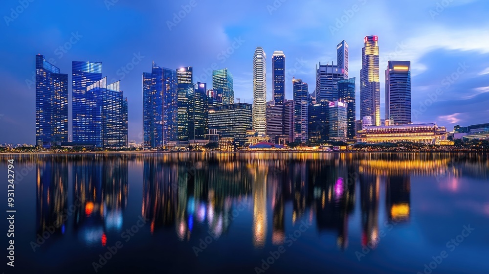 City skyline reflecting on a tranquil body of water during twilight. City skyline reflecting on a tranquil body of water during twilight.