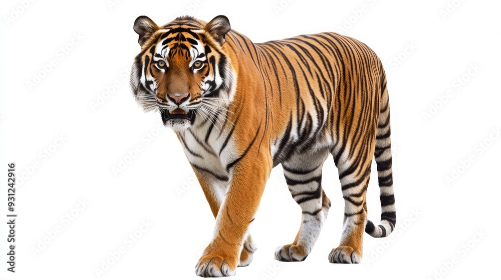 Obraz premium A majestic tiger with orange and black stripes walks towards the camera, isolated on a white background.