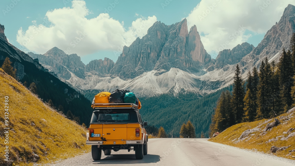 Iconic yellow off-road vehicle on a scenic mountain road, heading towards a remote outdoor adventure
Iconic yellow off-road vehicle on a scenic mountain road, heading towards a remote outdoor adventure