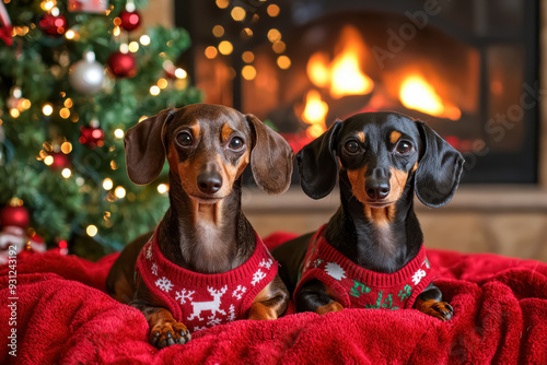 Cozy Christmas Evening with Dachshunds by the Fire. Two dachshunds in festive holiday sweaters relax on a warm blanket by a crackling fire with a beautifully decorated tree behind them.
 photo