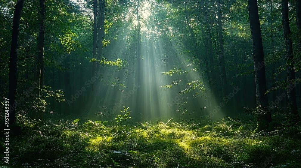 Fototapeta premium Misty forest morning, dense woods enveloped in fog, soft rays of sunlight streaming through towering trees, creating an enchanting and tranquil atmosphere.