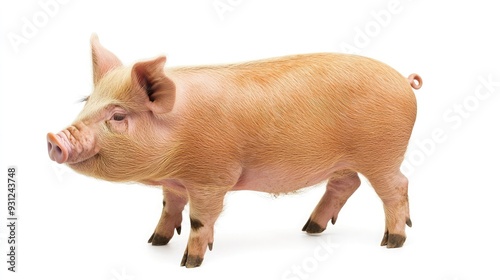 A piglet with light brown fur stands on a white background.