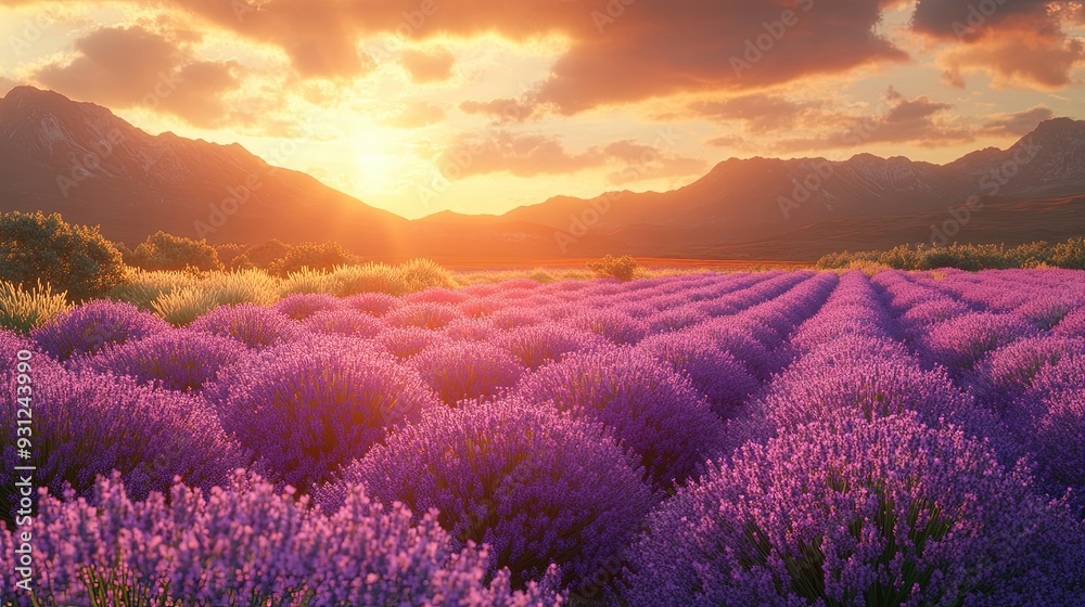 Sunlit lavender field with majestic mountains in the distance, vibrant blooms swaying gently in the breeze, creating a serene and picturesque landscape.