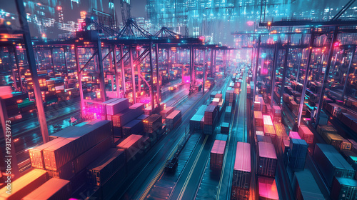 High-tech AI-enhanced logistics hub coordinating global supply chains, utilizing advanced robotic systems, real-time data analytics, and automated processes to optimize inventory management, route pla