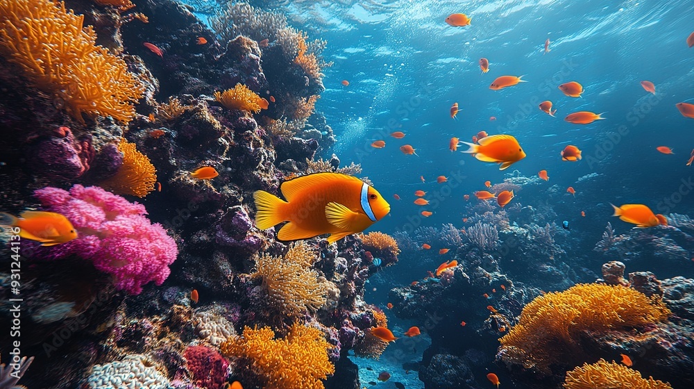 Obraz premium Vibrant Coral Reef Ecosystem, an underwater paradise teeming with colorful corals, diverse fish species, and dynamic marine life, showcasing the beauty of ocean biodiversity.