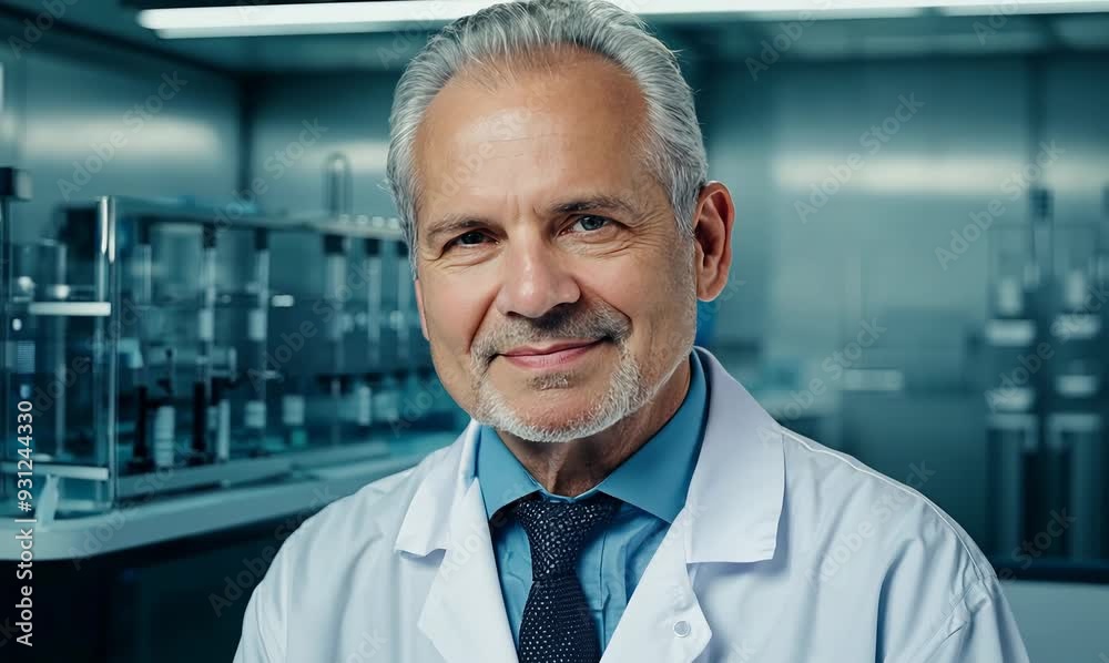 Portrait of a smiling senior male scientist in lab coat looking at camera Portrait of a smiling senior male scientist in lab coat looking at camera