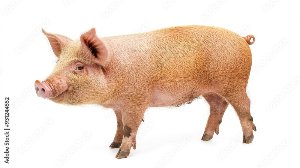 A pink piglet with a curled tail standing on a white background. A pink piglet with a curled tail standing on a white background.