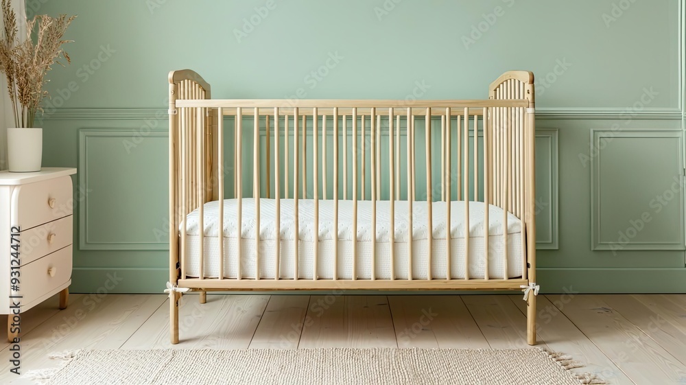 Bamboo baby crib with a soft organic cotton mattress in a nursery with pastel tones, highlighting sustainable and safe baby furniture Bamboo baby crib with a soft organic cotton mattress in a nursery with pastel tones, highlighting sustainable and safe baby furniture