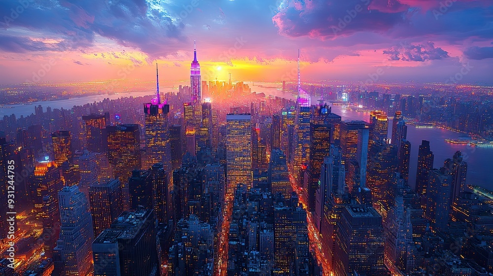 Fototapeta premium Vibrant Nighttime Cityscape, an aerial perspective showcasing illuminated skyscrapers, lively streets, and the dynamic energy of urban life after sunset