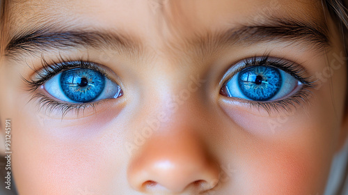 A child gazes intensely with striking blue eyes, reflecting wonder and innocence in a softly lit environment