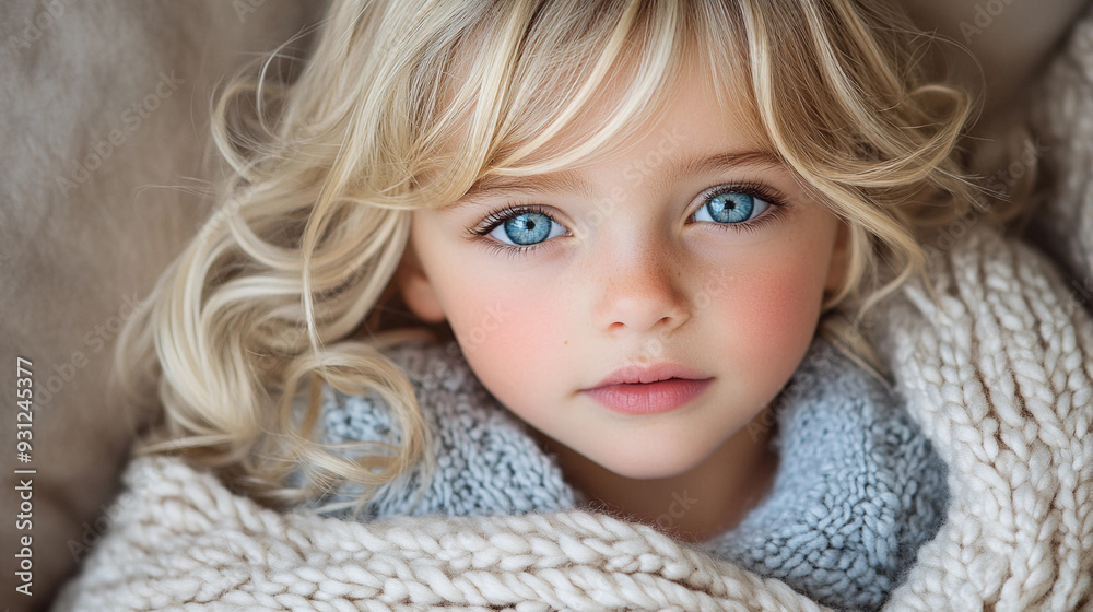 A young girl with beautiful blue eyes is wrapped in a soft blanket, exuding warmth and innocence while resting comfortably indoors A young girl with beautiful blue eyes is wrapped in a soft blanket, exuding warmth and innocence while resting comfortably indoors