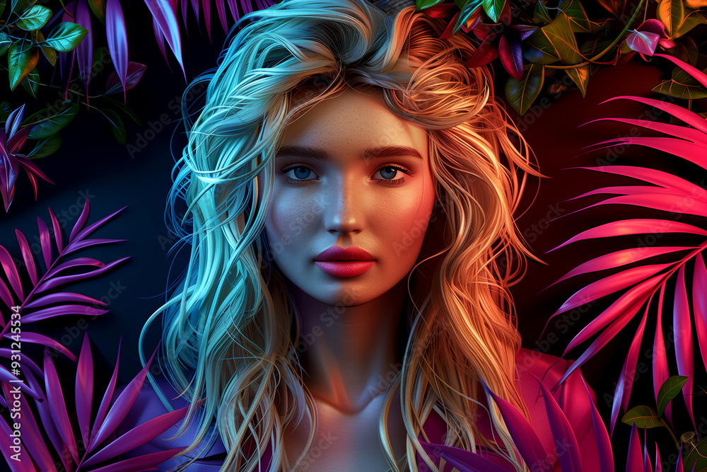Fototapeta premium A woman with long blonde hair is standing in front of a green background with leaves. She is wearing a pink shirt and has a pink lipstick on. The image has a vibrant and lively mood