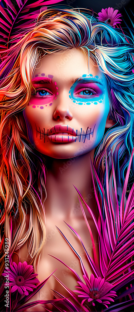 Fototapeta premium A woman with a skull painted on her face and colorful hair