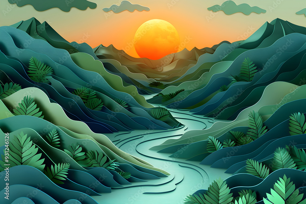 Fototapeta premium Majestic Sunset Landscape with Winding River Flowing Through Verdant Hills