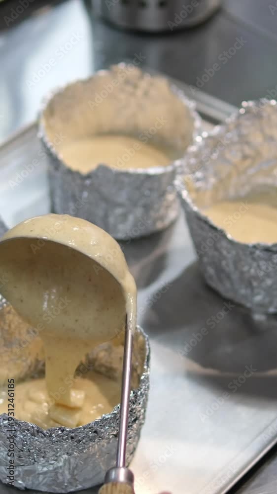 ladle pour batter into homemade foil molds bake Easter small cake bento cake. pour the dough into the mold Woman pouring dough into a mold. Make a chocolate cake at home. ladle pour batter into homemade foil molds bake Easter small cake bento cake. pour the dough into the mold Woman pouring dough into a mold. Make a chocolate cake at home.