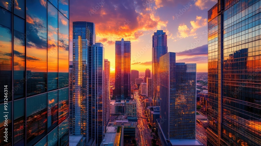 A stunning cityscape at sunset, showcasing skyscrapers and vibrant reflections. A stunning cityscape at sunset, showcasing skyscrapers and vibrant reflections.