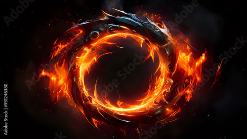  Ring of fire engulfed in intense flames on dark background for dramatic visual effect. Black hole. Generated by AI. 