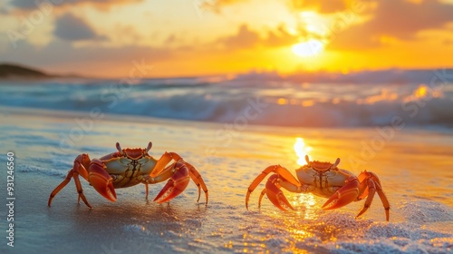 Two crabs on a beach during sunset, creating a serene atmosphere.