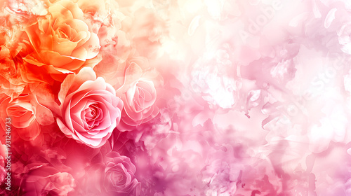 A pink background with a bunch of roses in the foreground. The roses are of different colors and sizes, and they are arranged in a way that creates a sense of depth and dimension