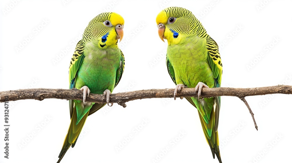 Fototapeta premium Two green parakeets on a branch isolated on white background