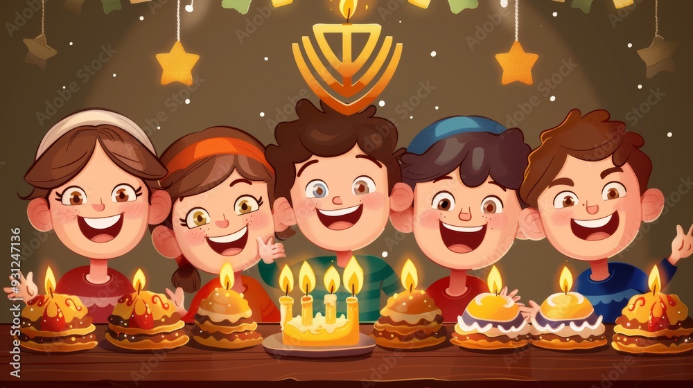 Fototapeta premium Happy children enjoying Hanukkah treats like latkes and sufganiyot with a menorah in the background cartoon Vector Illustration
