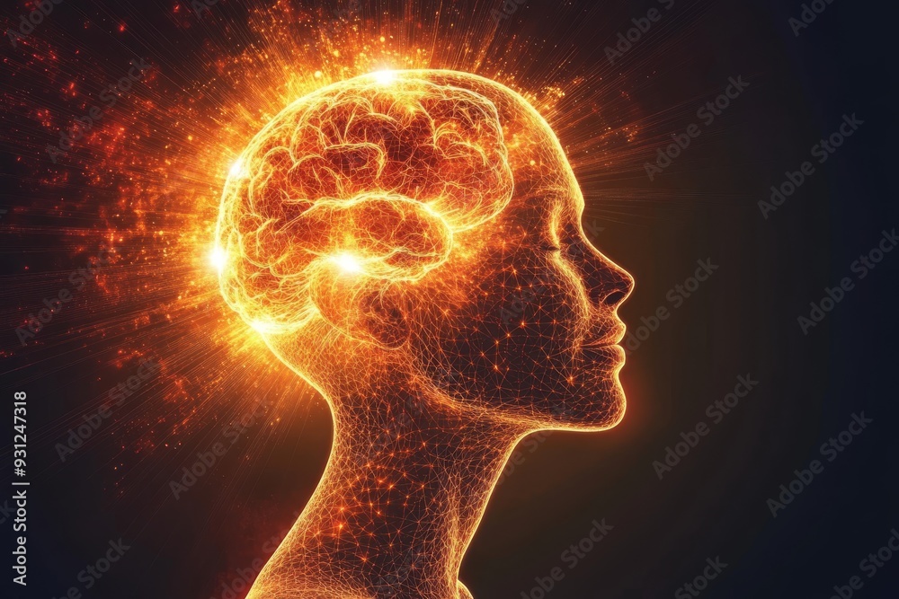 Silhouette of a woman with a fiery digital brain representing the powerful synergy between human intellect and advanced AI technology in the modern era Silhouette of a woman with a fiery digital brain representing the powerful synergy between human intellect and advanced AI technology in the modern era