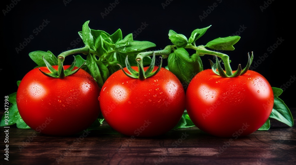 Cherry tomato with water drops on dark background. Neural network ai generated art Cherry tomato with water drops on dark background. Neural network ai generated art