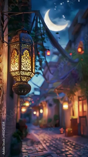 Video vertical recreation of muslim lantern lighting on a street a half moon night photo