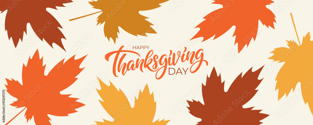 Obraz premium Happy Thanksgiving festive banner. Hand lettering and autumn maple leaves. Vector illustration.