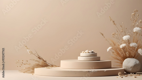 Background for cosmetic products of natural beige color. Stone podium and dry flowers. Front view.