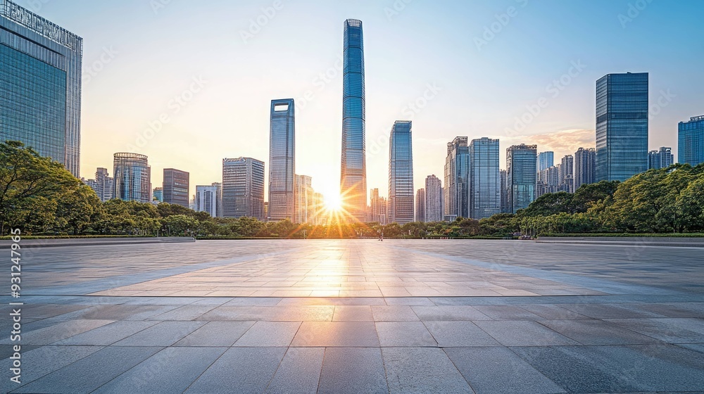 Empty plaza with cityscape view at sunrise. Empty plaza with cityscape view at sunrise.