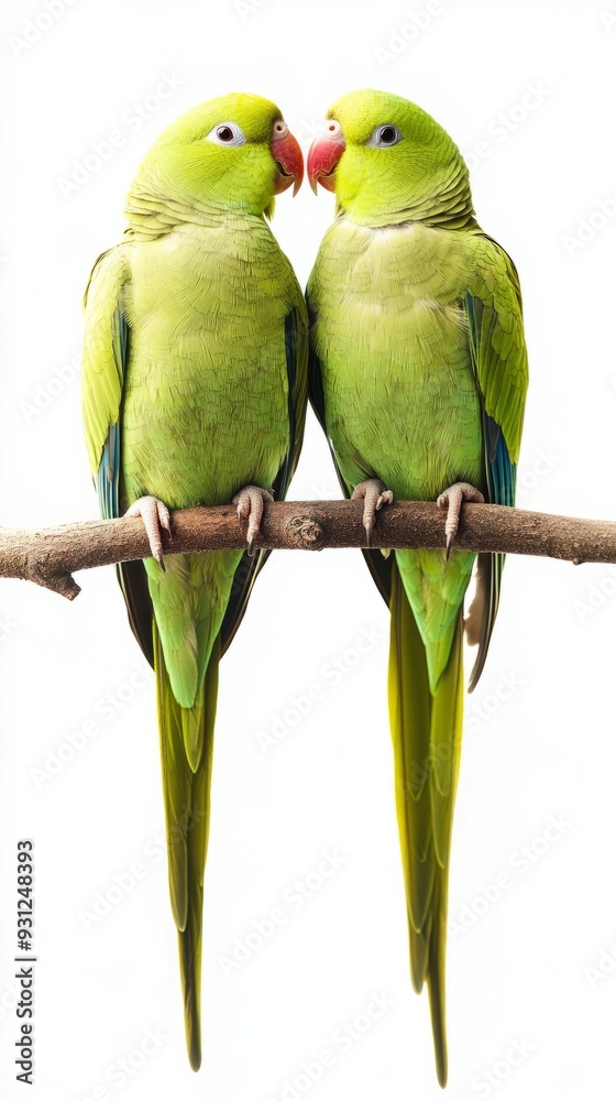 Fototapeta premium Two green parakeets on a branch isolated on white background