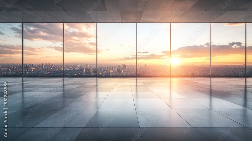 Fototapeta premium Empty room with large windows overlooking a city skyline with a sunset sky and sun shining through.