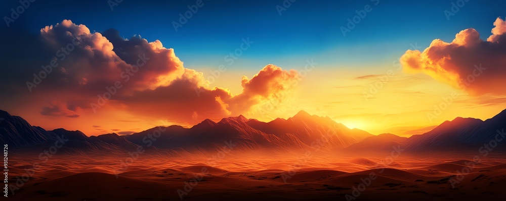 Fototapeta premium Breathtaking desert sunset with vibrant colors and majestic mountain silhouettes, creating a serene and awe-inspiring natural landscape.