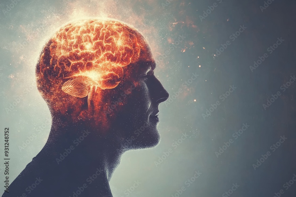 Man with brain illuminated by glowing lights symbolizing thought and creativity in a dark setting Man with brain illuminated by glowing lights symbolizing thought and creativity in a dark setting