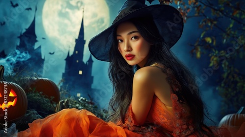 Enchanting Asian Woman in Halloween Witch Outfit Posing Against Spooky Moonlit Background