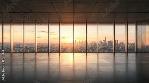 Fototapeta Naklejka Na Ścianę i Meble -  Empty room with floor to ceiling windows overlooking cityscape at sunset.