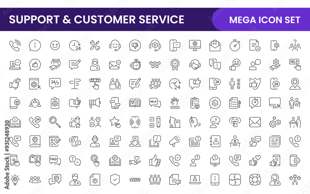 Support and customer service outline style modern icons set. Customer Feedback, Response, experience, helpline and technical support icon illustration Support and customer service outline style modern icons set. Customer Feedback, Response, experience, helpline and technical support icon illustration