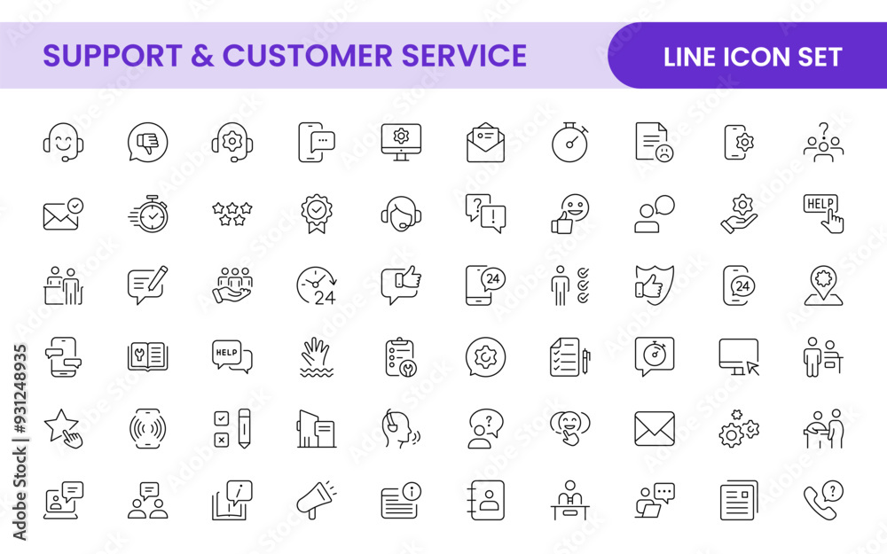 Support and customer service outline style modern icons set. Customer Feedback, Response, experience, helpline and technical support icon illustration Support and customer service outline style modern icons set. Customer Feedback, Response, experience, helpline and technical support icon illustration
