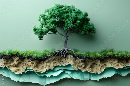 of Layered Paper Tree with Spreading Roots Embedded in Earth