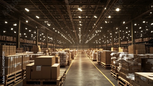 Bright, white lighting in the warehouse, with large, rectangular lights on black metal columns