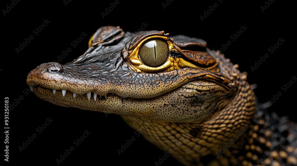 Obraz premium Close-up of a baby alligator's head with a golden eye.