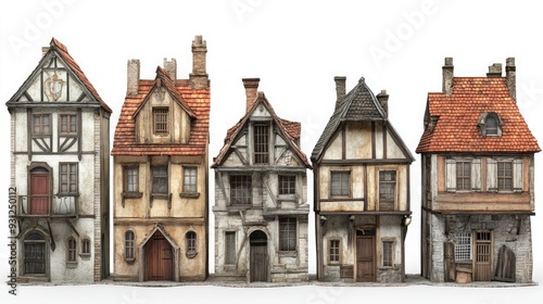 Five old, medieval style houses with red tile roofs and aged plaster walls. The houses are weathered and have wooden beams and windows. They are set against a white background.