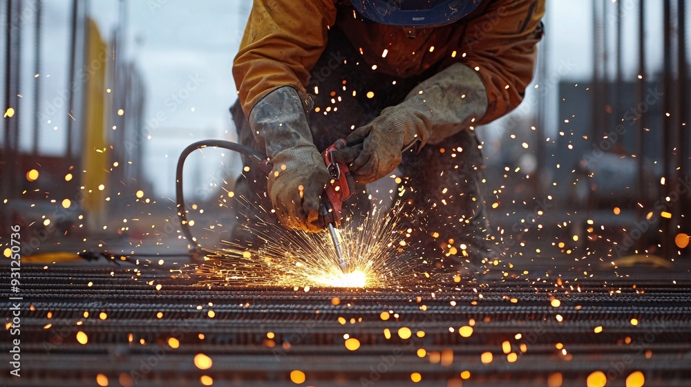 A welder working on steel framework at a construction site with sparks flying and safety gear in place A welder working on steel framework at a construction site with sparks flying and safety gear in place