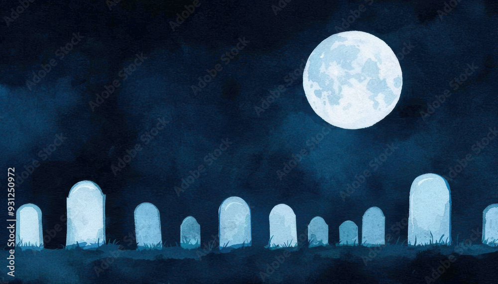 Full moon, casting shadows, gothic gravestones, Watercolor style